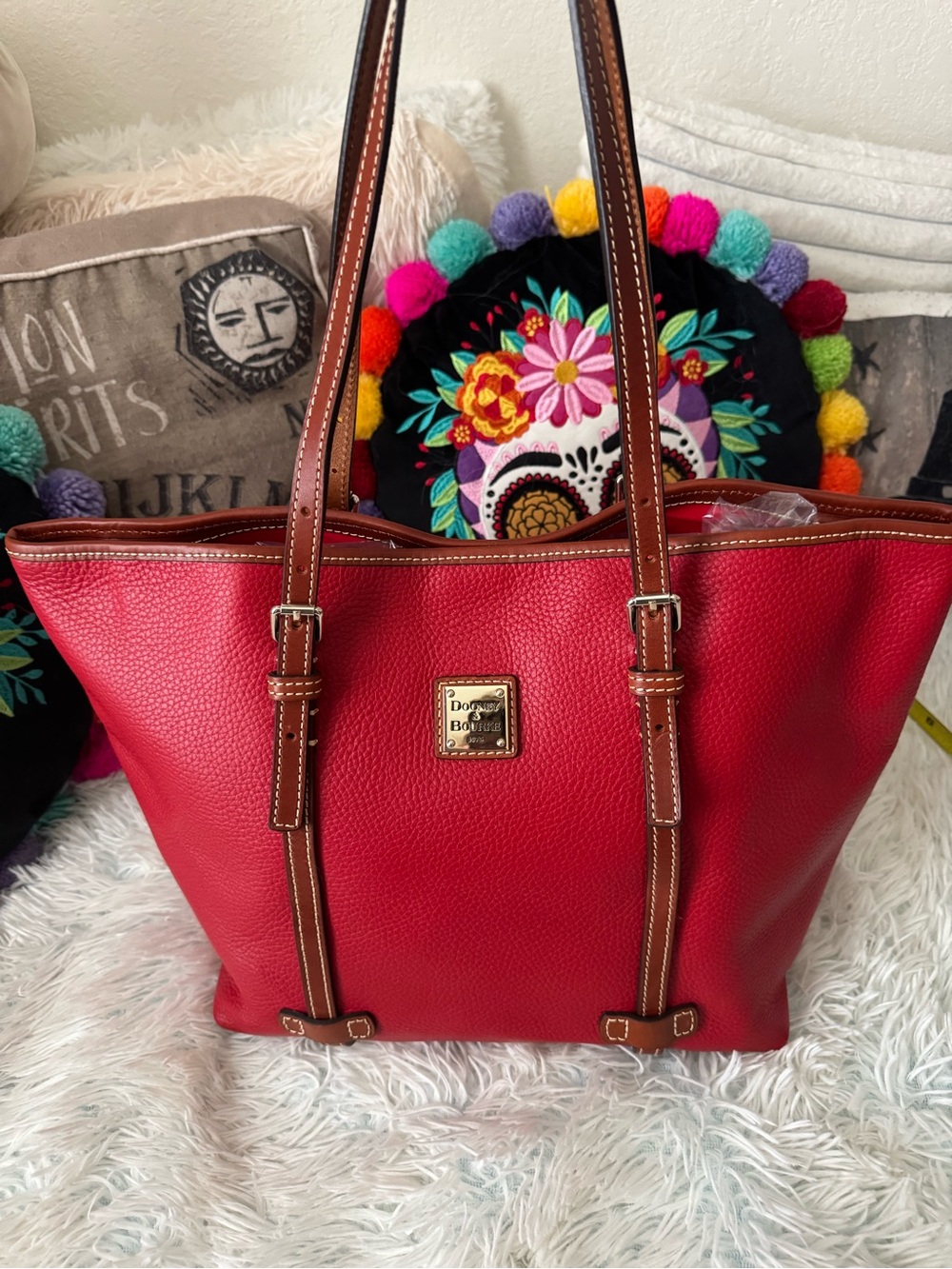 Dooney & Bourke Red Pebble Leather Tote with Brown Trim